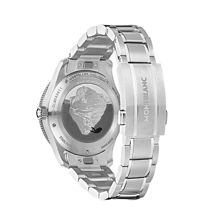 Montblanc Iced Sea Automatic Date 0 Oxygen,錶背以3D雷射鐫刻冰川及潛水員浮雕圖案。 Montblanc Iced Sea Automatic Date 0 Oxygen,錶背以3D雷射鐫刻冰川及潛水員浮雕圖案。