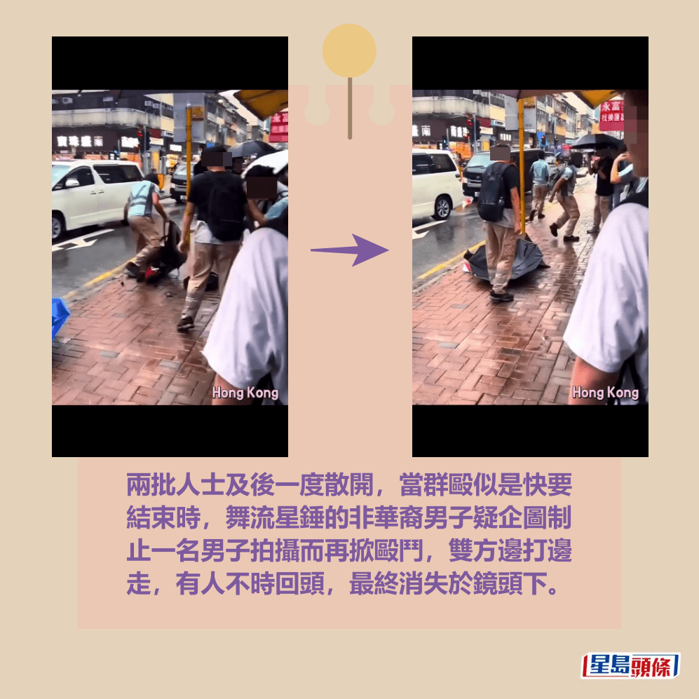 兩批人士及後一度散開,當群毆似是快要 結束時,舞流星錘的非華裔男子疑企圖制 止一名男子拍攝而再掀毆鬥,雙方邊打邊 走,有人不時回頭,最終消失於鏡頭下。fb截圖 兩批人士及後一度散開,當群毆似是快要 結束時,舞流星錘的非華裔男子疑企圖制 止一名男子拍攝而再掀毆鬥,雙方邊打邊 走,有人不時回頭,最終消失於鏡頭下。fb截圖
