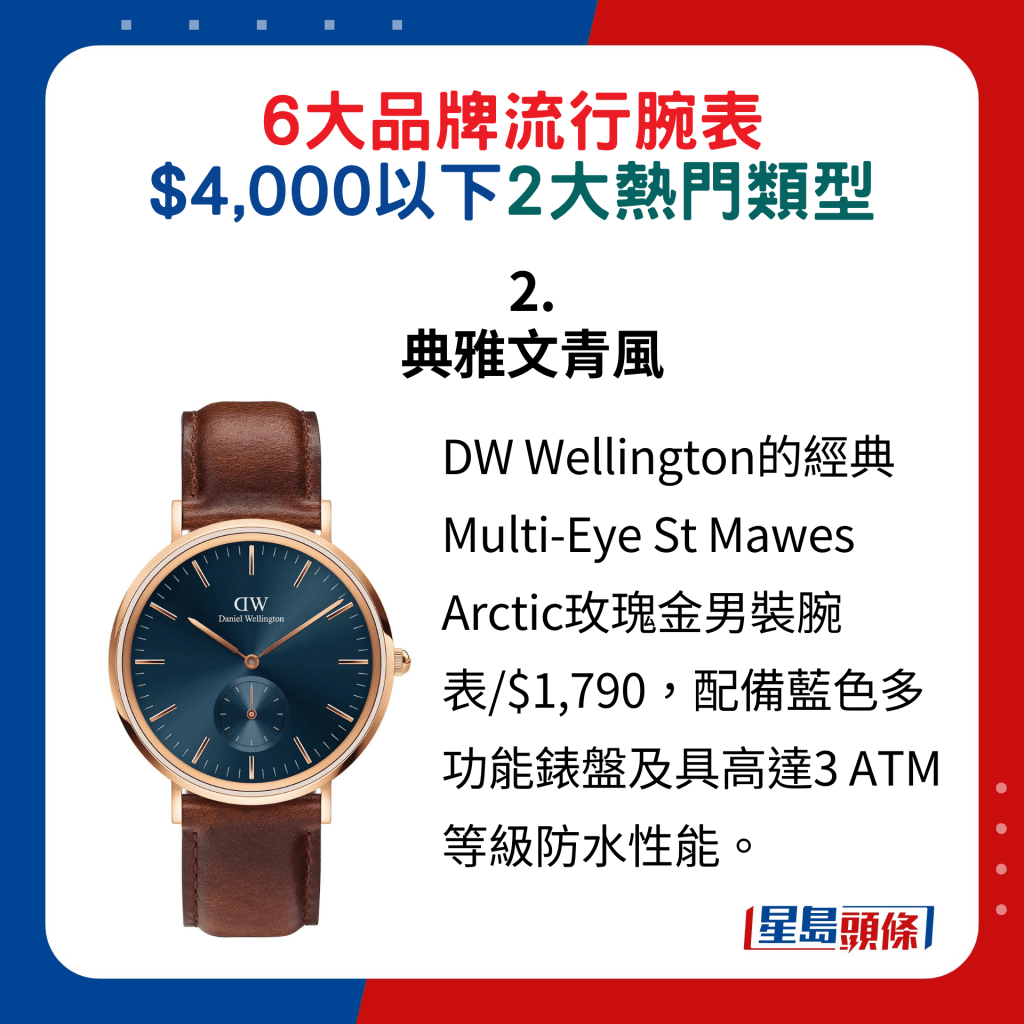 2. 典雅文青风：DW Wellington的经典Multi-Eye St Mawes  Arctic玫瑰金男装腕表/$1,790，配备蓝色多功能表盘及具高达3 ATM等级防水性能。