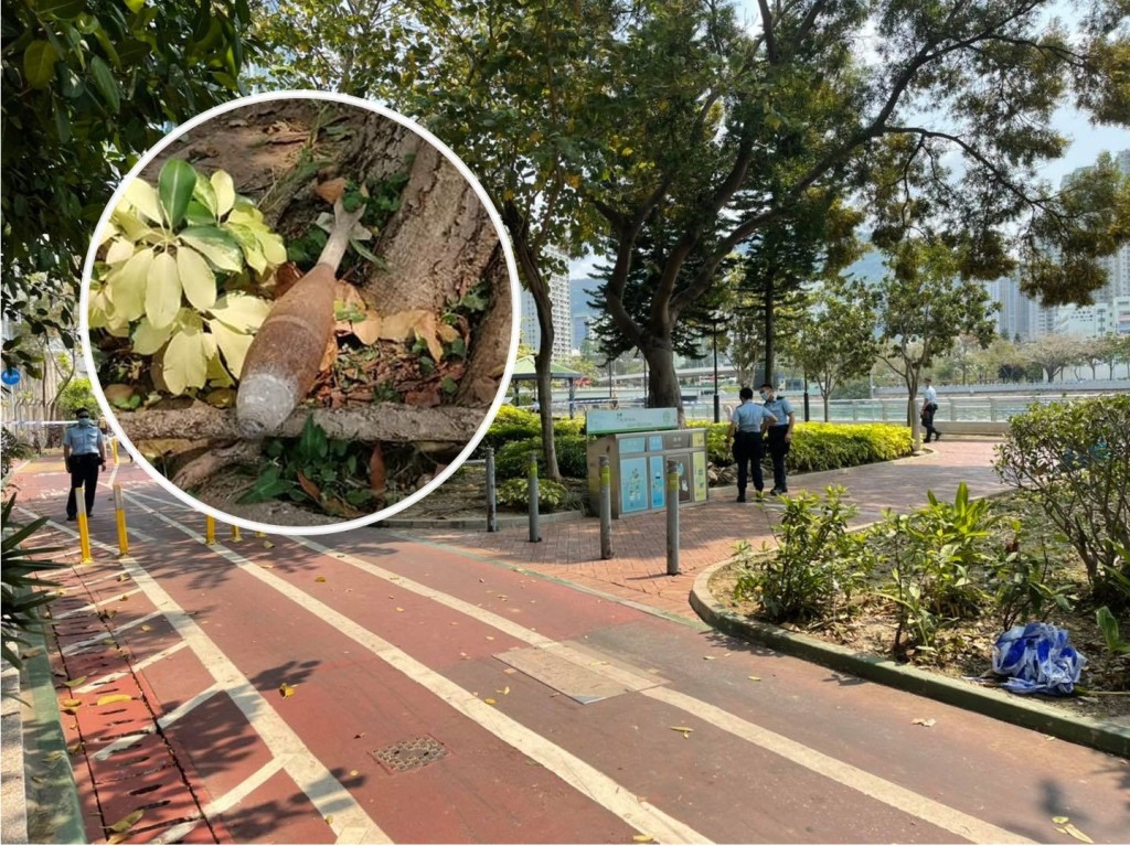 湖山河畔公園發現炮彈。曾錦榮FB圖片/龍門居FB圖片