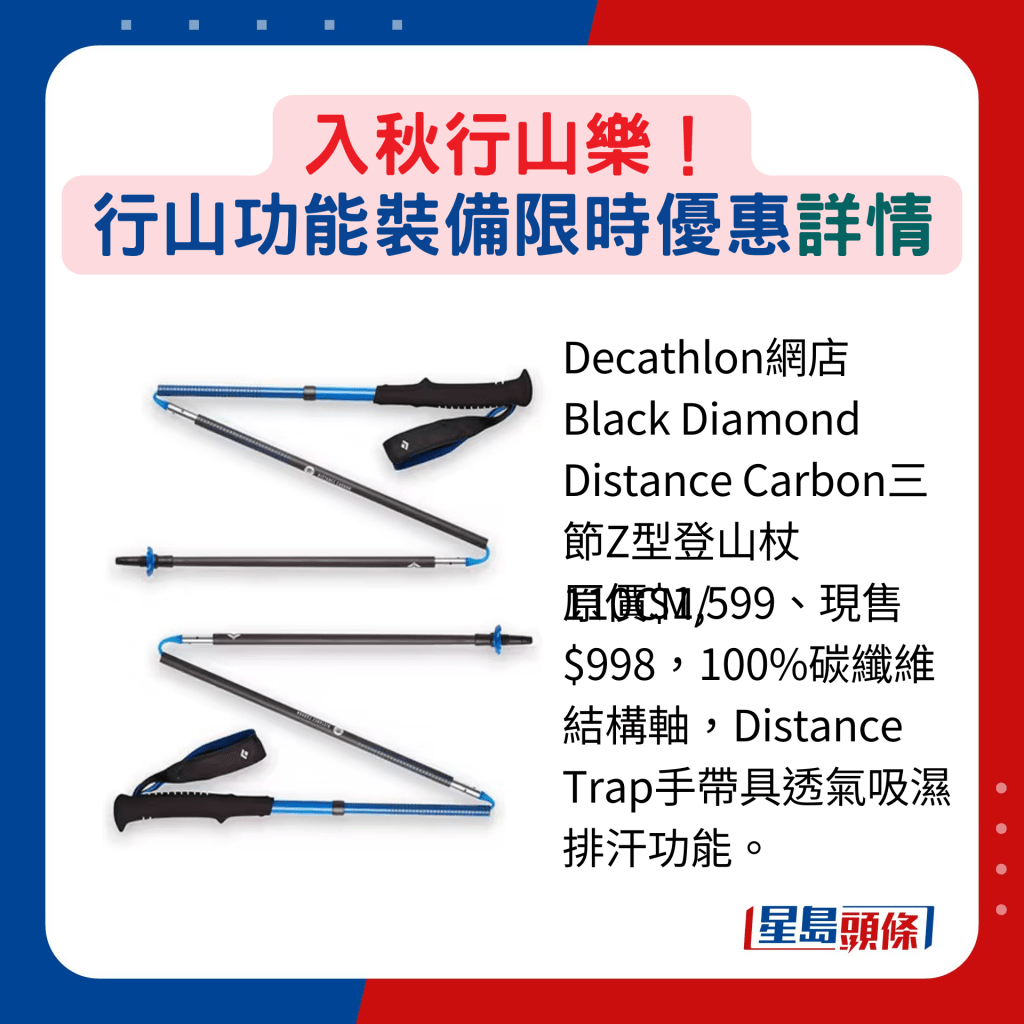 Decathlon網店Black Diamond Distance Carbon三節Z型登山杖110CM/原價$1,599、現售$998，100%碳纖維結構軸，Distance Trap手帶具透氣吸濕排汗功能。