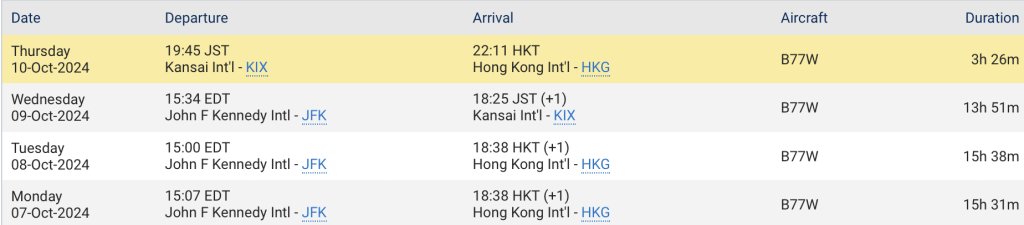 從航機追蹤網站Flight Aware.com顯示，該班國泰CX831客機，在美國時間10月9日下午3時34分由紐約甘迺廸機場起飛，飛行13小時51分鐘後，在日本時間10月9日傍晚6時25分降落日本大阪關西國際機場。