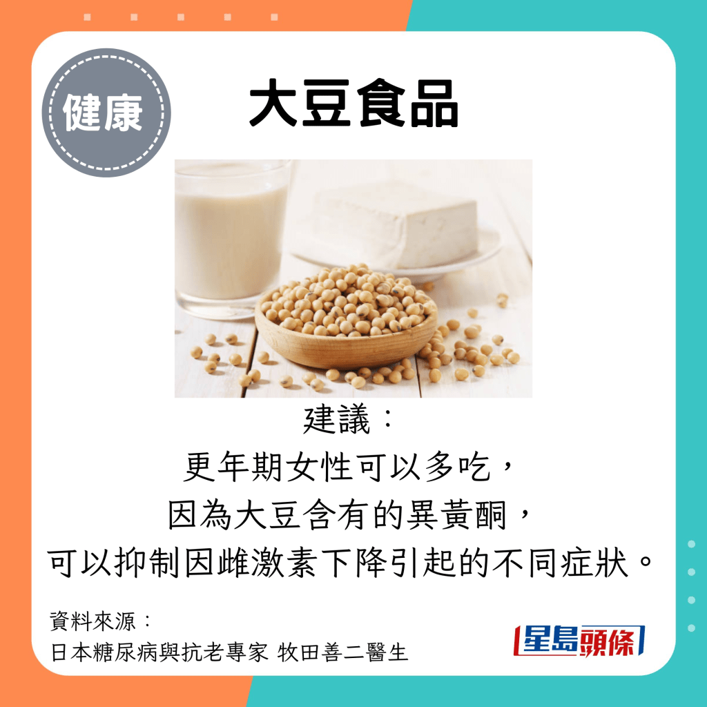 大豆食品：建议： 更年期女性可以多吃， 因为大豆含有的异黄酮， 可以抑制因雌激素下降引起的不同症状。