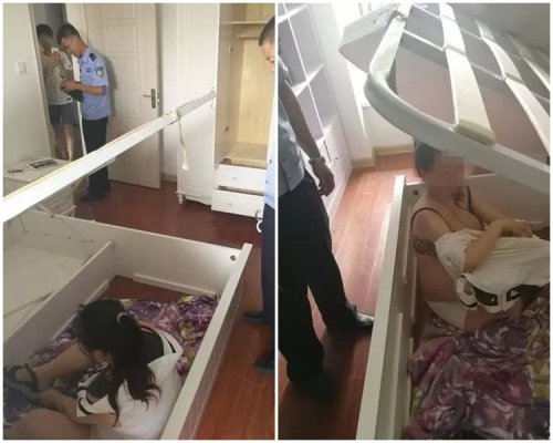 女子身穿內衣躲在床墊下。網上圖片