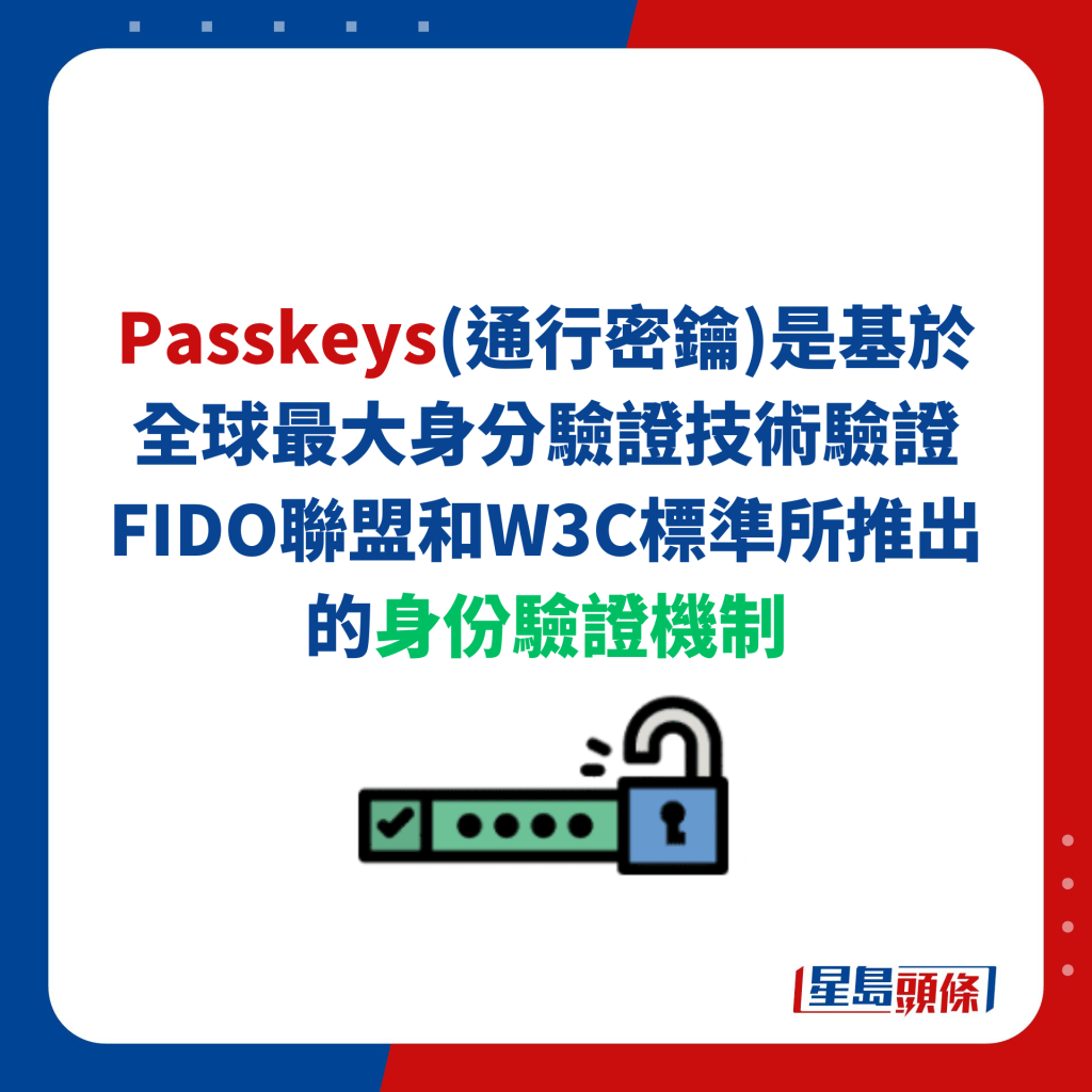 PASSKEYS（通行密钥）是基于全球最大身份验证技术验证FIDO联盟和W3C标准所推出的身份验证机制