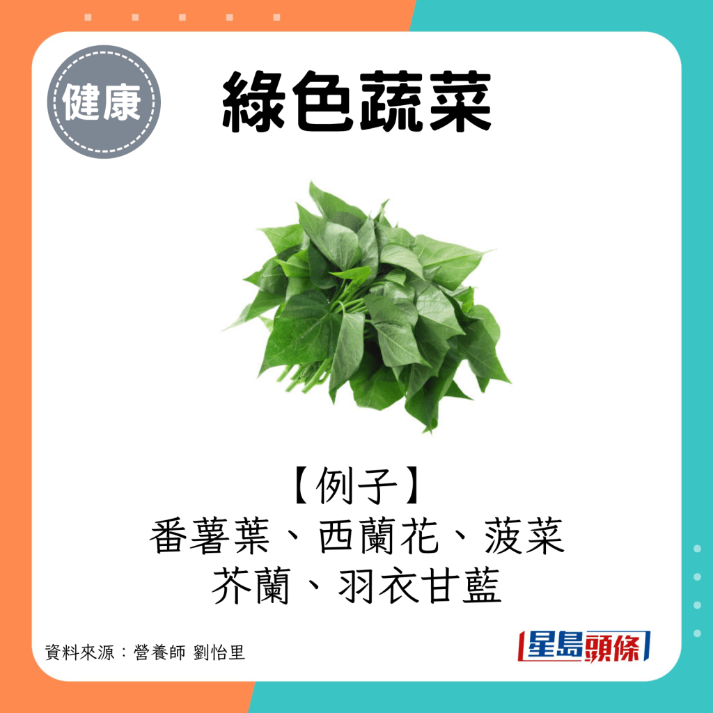 綠色蔬菜例子：番薯葉、西蘭花、菠菜、芥蘭、羽衣甘藍。