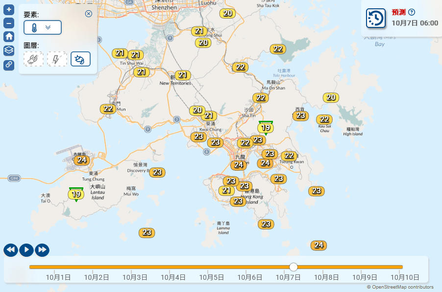 10月7日清晨各區氣溫。天文台圖片 10月7日清晨各區氣溫。天文台圖片
