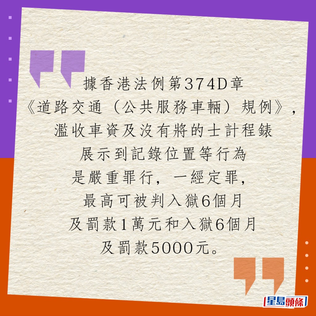 據香港法例第374D章《道路交通（公共服務車輛）規例》，濫收車資及沒有將的士計程錶展示到記錄位置等行為是嚴重罪行，一經定罪，最高可被判入獄6個月及罰款1萬元和入獄6個月及罰款5000元。