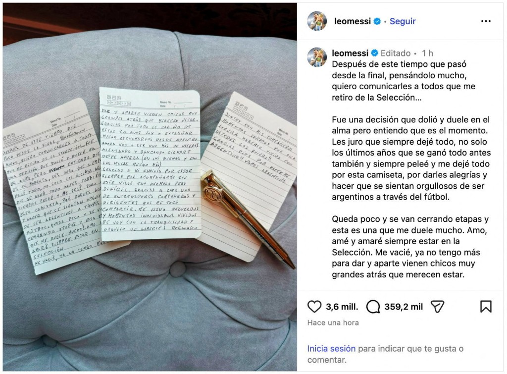 美斯在Instagram發文，宣布退出阿根廷國家隊。路透社