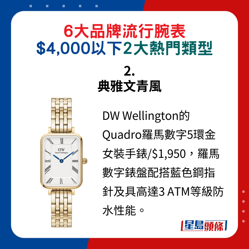 2. 典雅文青风：DW Wellington的Quadro罗马数字5环金女装手表/$1,950，罗马数字表盘配搭蓝色钢指针及具高达3 ATM等级防水性能。