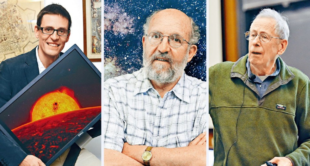 今年諾貝爾物理學獎得主（左起）：瑞士學者奎洛茲和馬約爾、加拿大裔美國籍學者皮布爾斯。