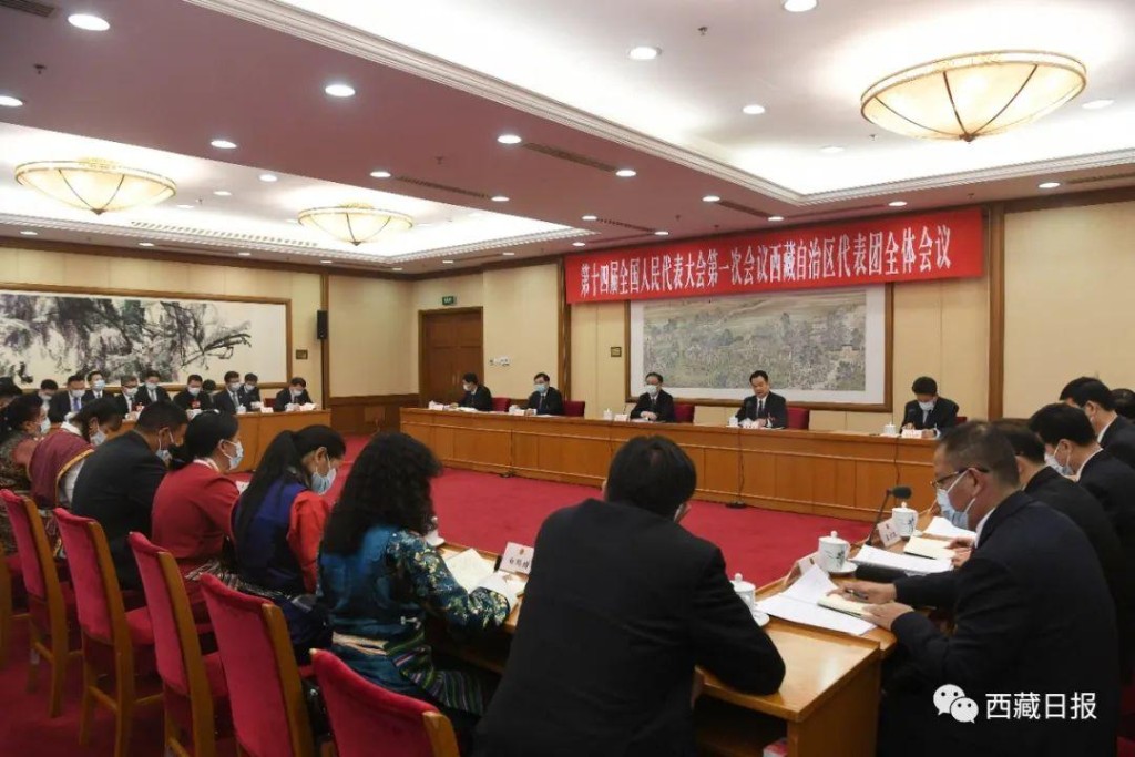 十四届全国人大一次会议西藏代表团在驻地举行全体会议，审议李克强总理所作的政府工作报告。