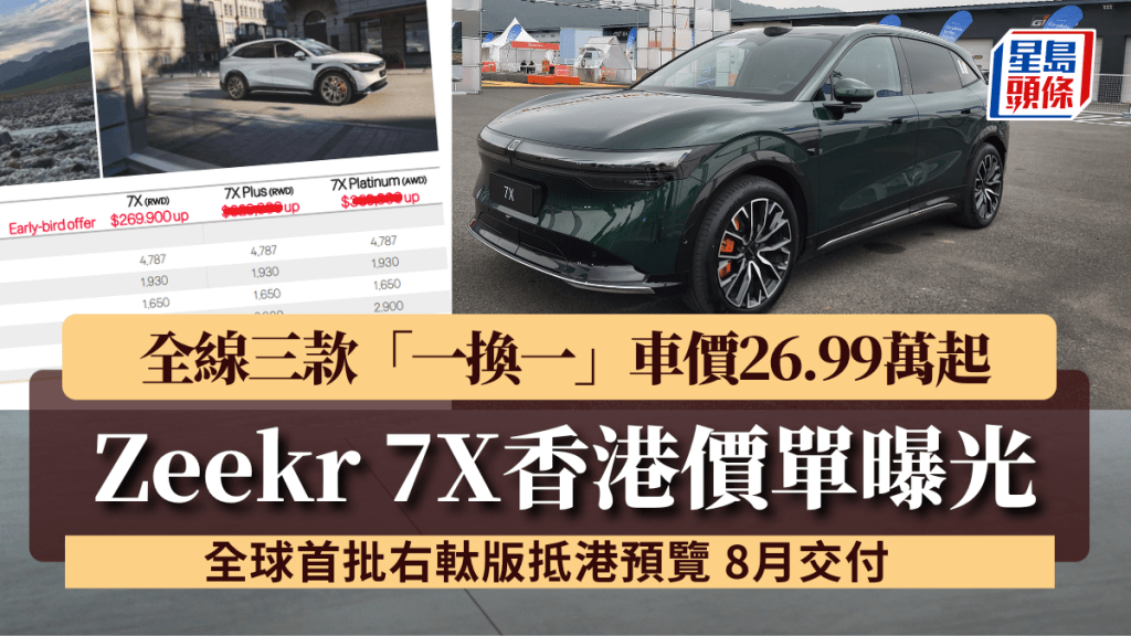 全新國產SUV電動車極氪Zeekr 7X首批樣辦車抵港預覽，一換一意向價26.99萬元起。