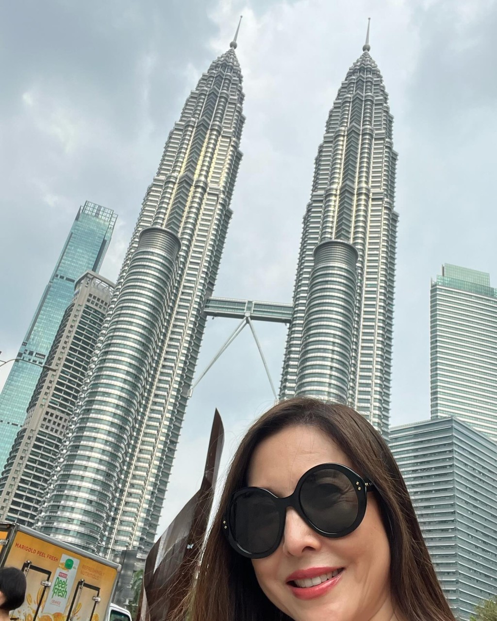 最近李婉华到马来西亚游行兼工作，她在IG分享在吉隆坡双子塔下打卡的照片，但自拍角度却令面上缺点尽现。