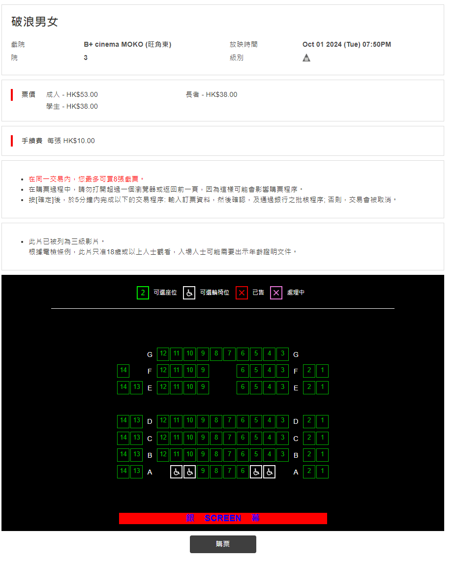 记者于12时登入百老汇电影院线，《破浪男女》无人购票。百老汇院线网页截图