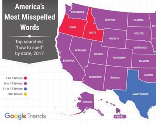 Google公布美國人最常查詢「怎麼拚」的英文單字。Google圖片