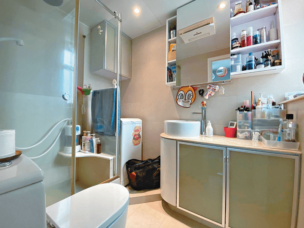 浴室備有鏡櫃及掛牆層架，方便拿取護膚品及日常用品。