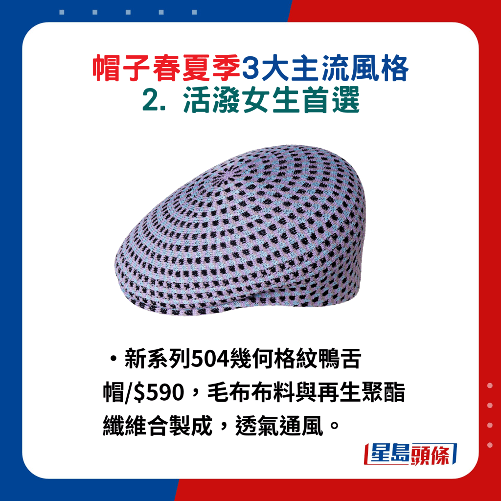 新系列504幾何格紋鴨舌帽/$590，毛布布料與再生聚酯纖維合製成，透氣通風。