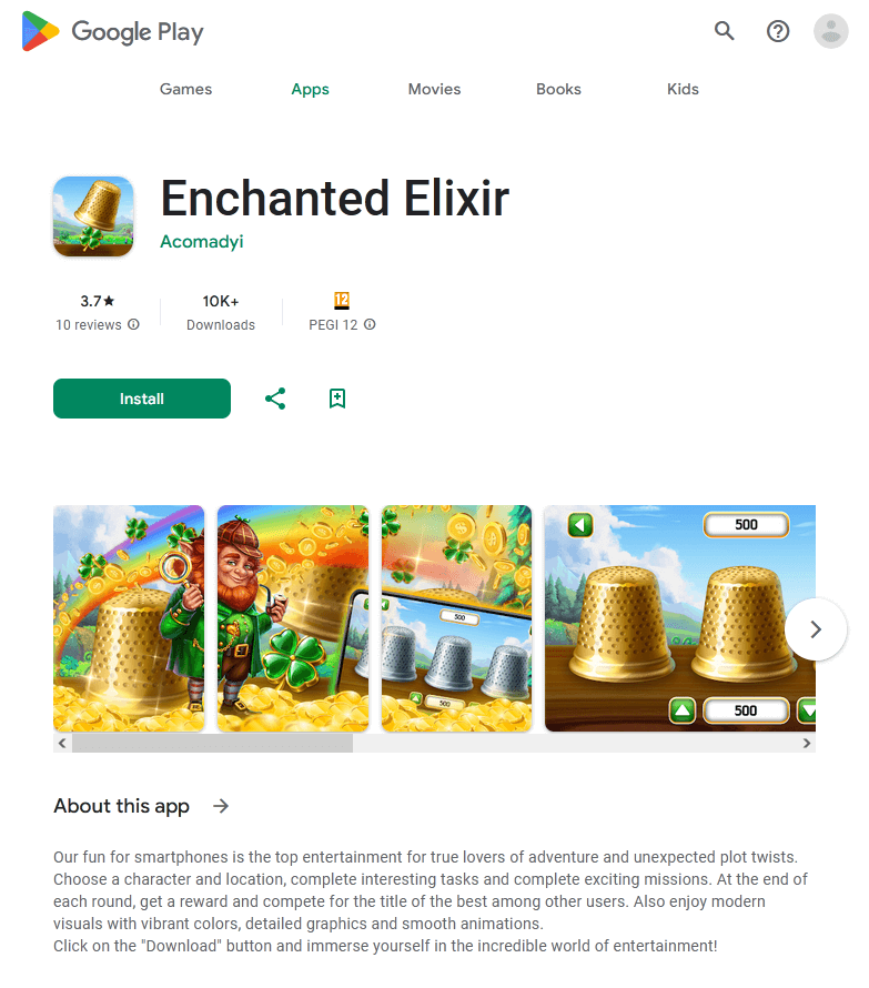 Enchanted Elixir則會自動載入網上賭場，有機會騙取用戶金錢！