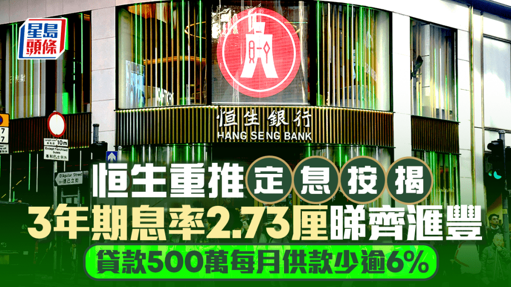恒生相隔8年重推定息按揭 3年期息率2.73厘睇齊滙豐 貸款500萬每月供款少逾6%
