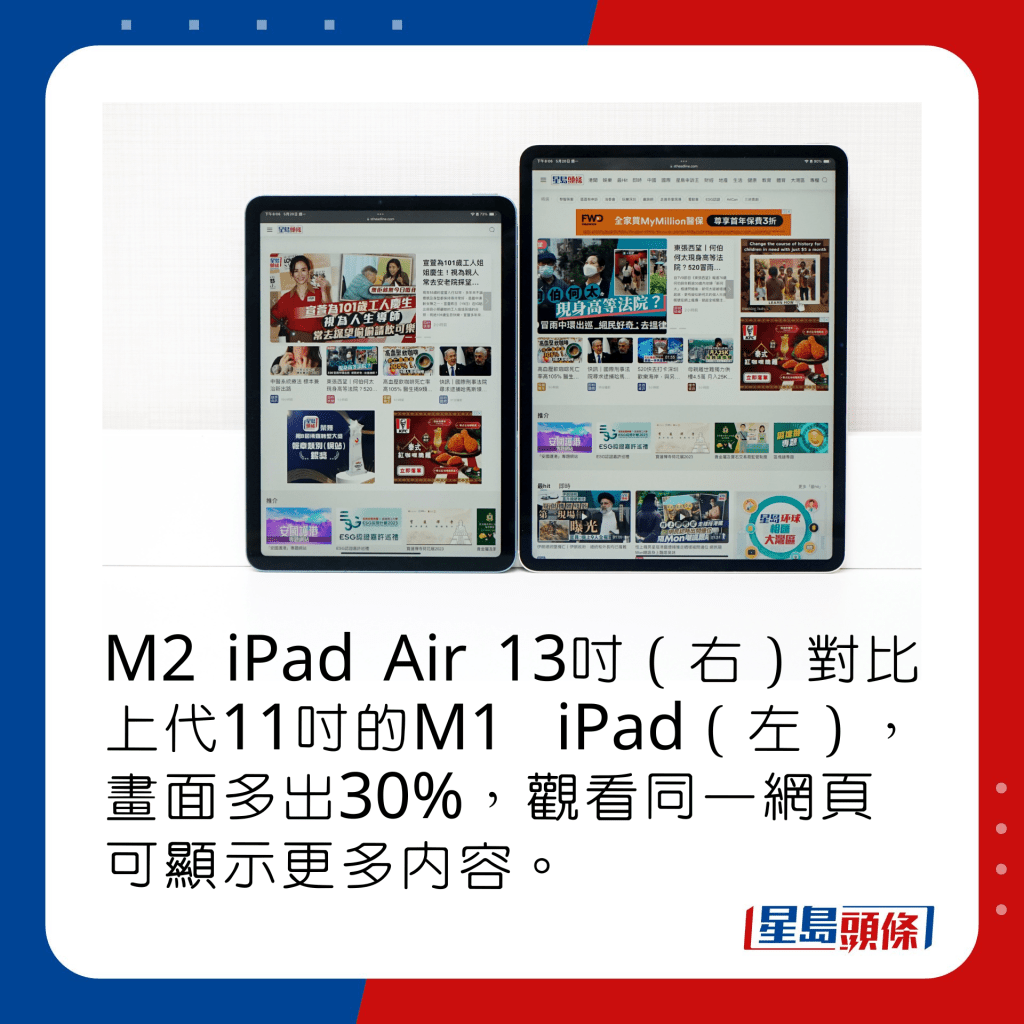 M2 iPad Air 13寸（右）对比上代11寸的M1 iPad（左），画面多出30%，观看同一网页可显示更多内容。