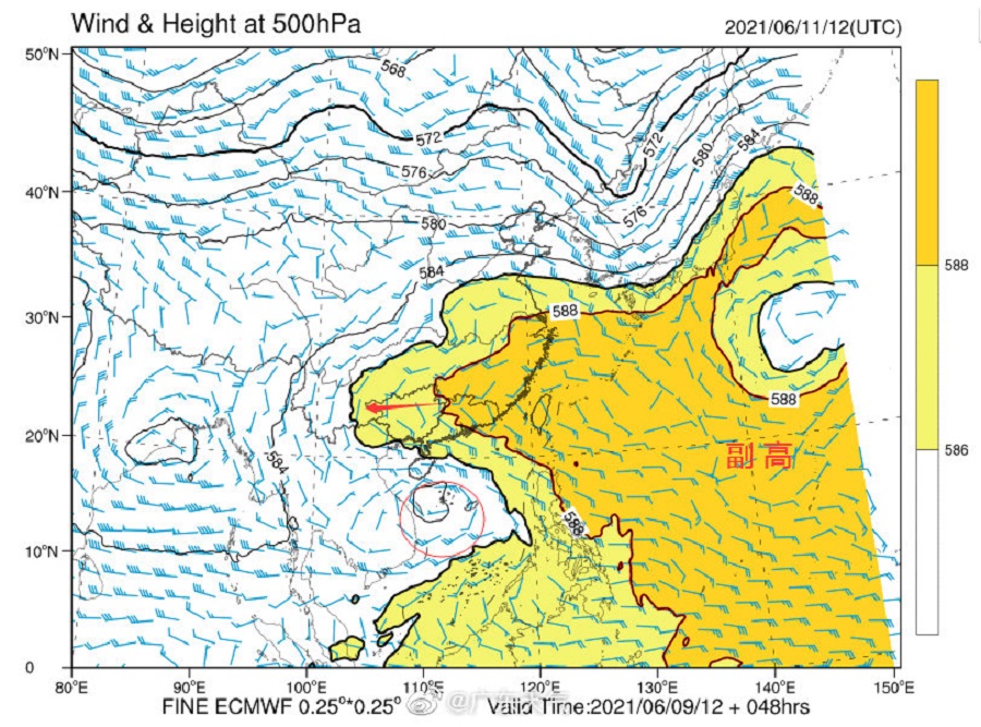 未來兩天隨副高逐漸加強西伸，有利於南海熱帶擾動的加強發展，形成熱帶低壓。廣東省氣象台圖片