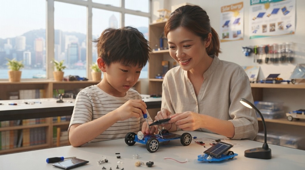 家長可以陪同子女一起製作太陽能車(AI生成示意圖) 家長可以陪同子女一起製作太陽能車(AI生成示意圖)