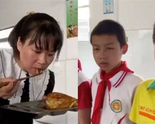 网上影片所见，该名小学女副校长当面吃光学生剩饭。 网片截图