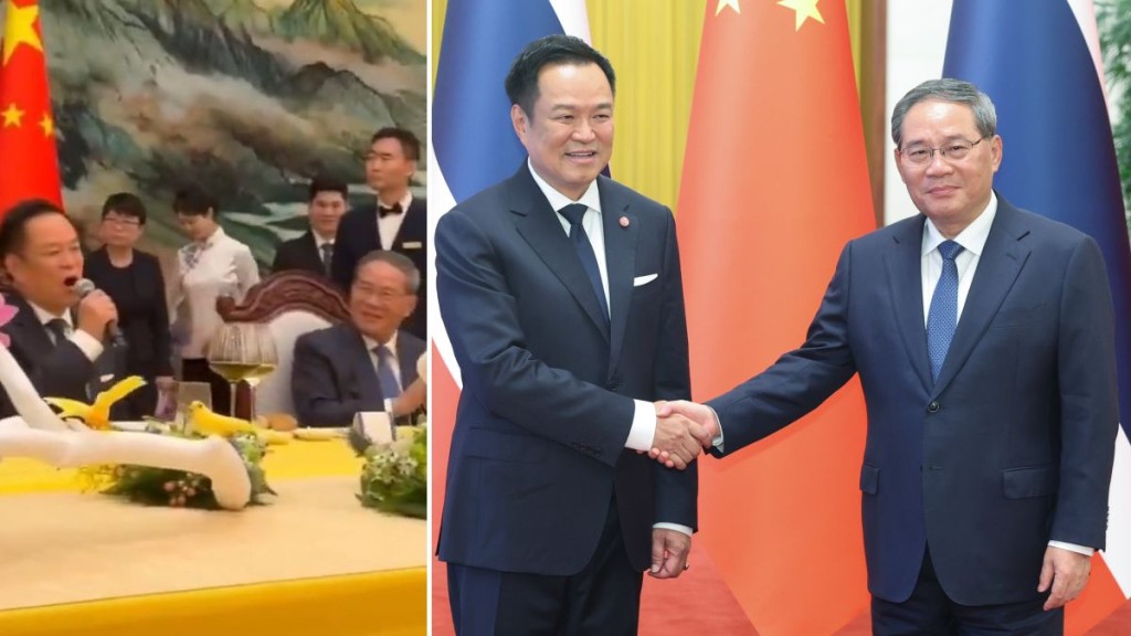 泰國總理阿努廷訪問中國，參加李強歡迎午宴期間高唱鄧麗君名曲《甜蜜蜜》。微博@吉星吉星吉星/新華社