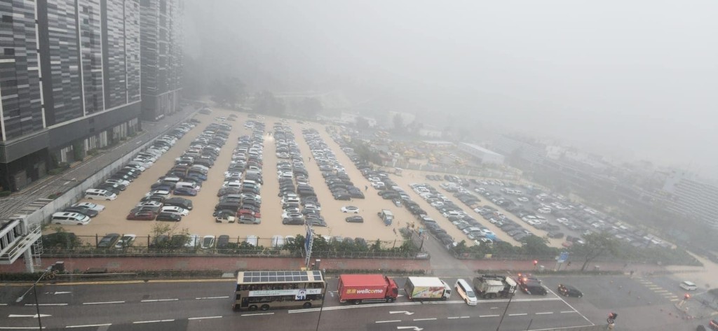 日出康城外的露天停車場逾百部車被水浸至半個車身。
