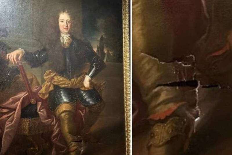 烏菲茲美術館展出的托斯卡納大親王斐迪南·德麥地奇(Ferdinando de' Medici)畫作近日遭男遊客撞破,表面出現破洞。@Fiume1900/X 烏菲茲美術館展出的托斯卡納大親王斐迪南·德麥地奇(Ferdinando de' Medici)畫作近日遭男遊客撞破,表面出現破洞。@Fiume1900/X