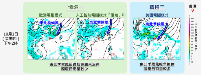 各預報模式對東北季候風抵達的時間及其相關的降雨有一定分歧。香港天文台 各預報模式對東北季候風抵達的時間及其相關的降雨有一定分歧。香港天文台