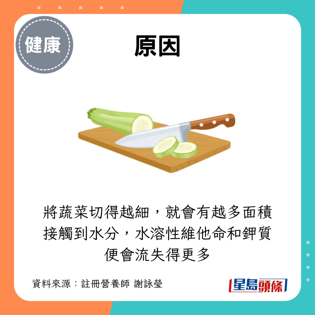 将蔬菜切得越细,就会有越多面积接触到水分,水溶性维他命和钾质便会流失得更多 将蔬菜切得越细,就会有越多面积接触到水分,水溶性维他命和钾质便会流失得更多