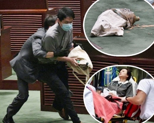 許智峯（左二）在議事廳內疑投擲惡臭腐爛植物。下小圖為陳凱欣不適送院（網圖）。