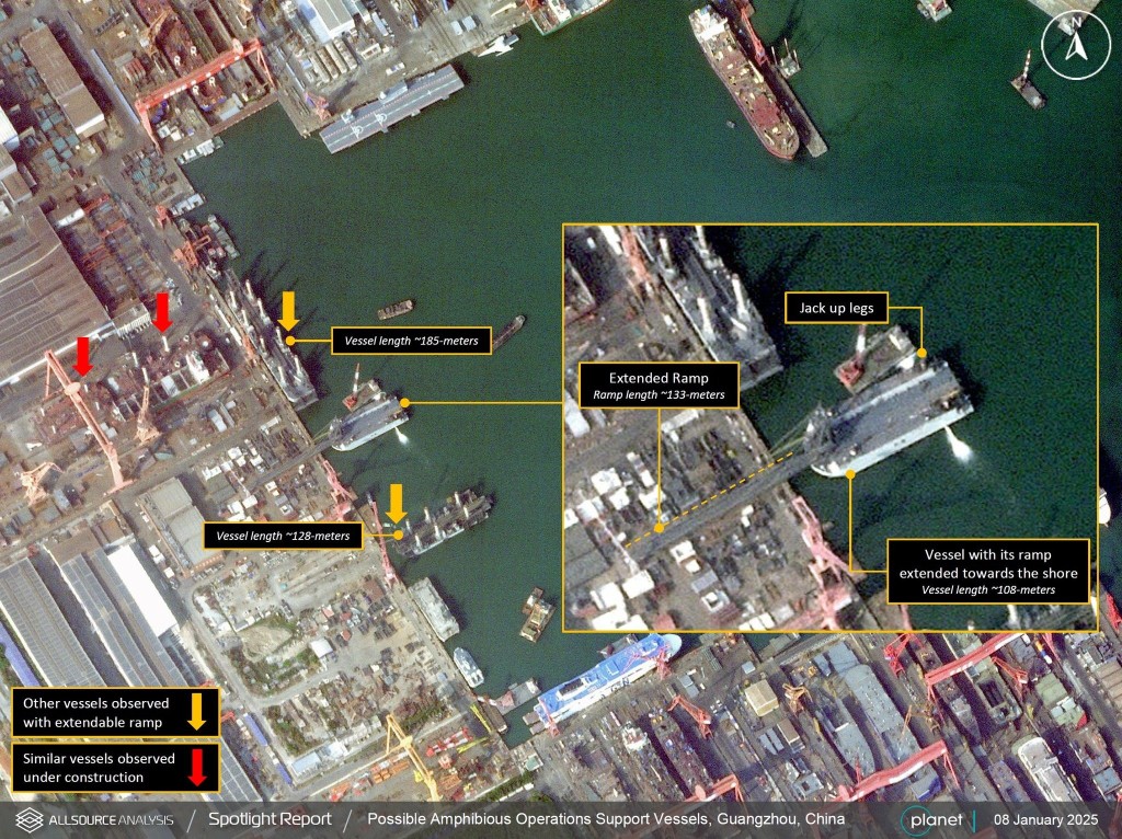 美國衛星圖片顯示中國正在建造多艘兩棲登陸駁船。