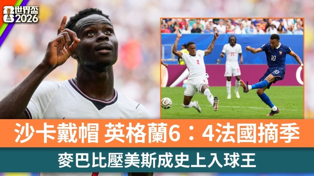 世界盃2026｜英格蘭6：4法國奪季軍 麥巴比壓美斯成史上入球王。美聯社、路透社