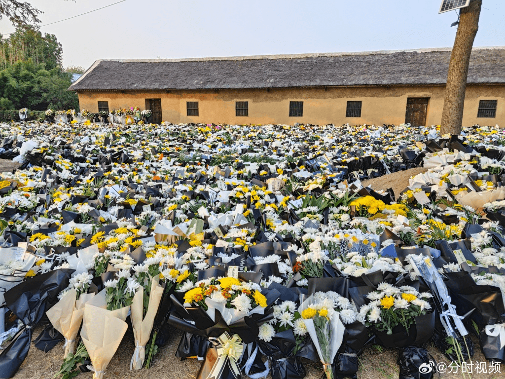 李克強家鄉定遠縣九梓村的祖屋外，悼念的花束成花海。 微博