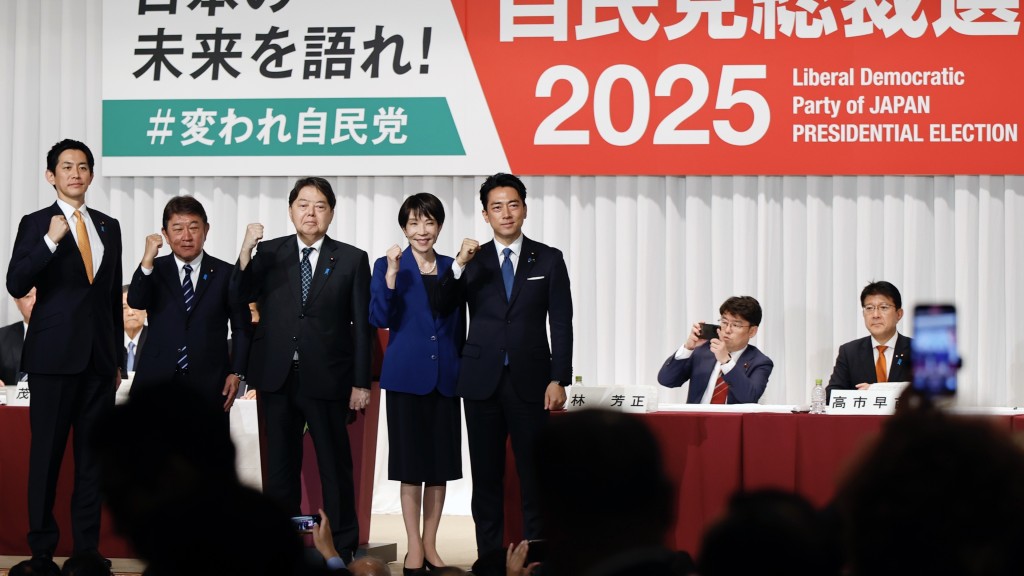 （左起）小林鷹之、茂木敏充、林芳正、高市早苗和小泉進次郎角逐自民黨總裁。 美聯社