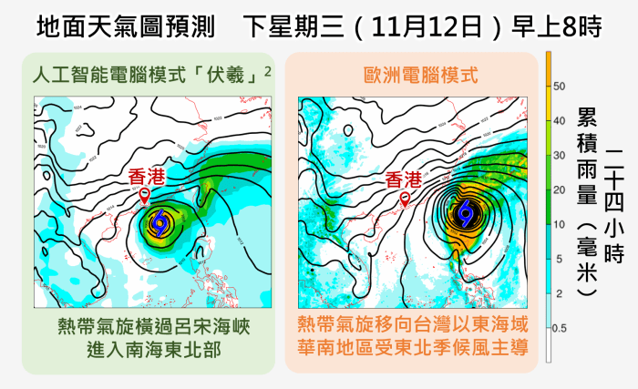 不同電腦模式對熱帶氣旋下週中期的路徑存在較大分歧。天文台圖片 不同電腦模式對熱帶氣旋下週中期的路徑存在較大分歧。天文台圖片