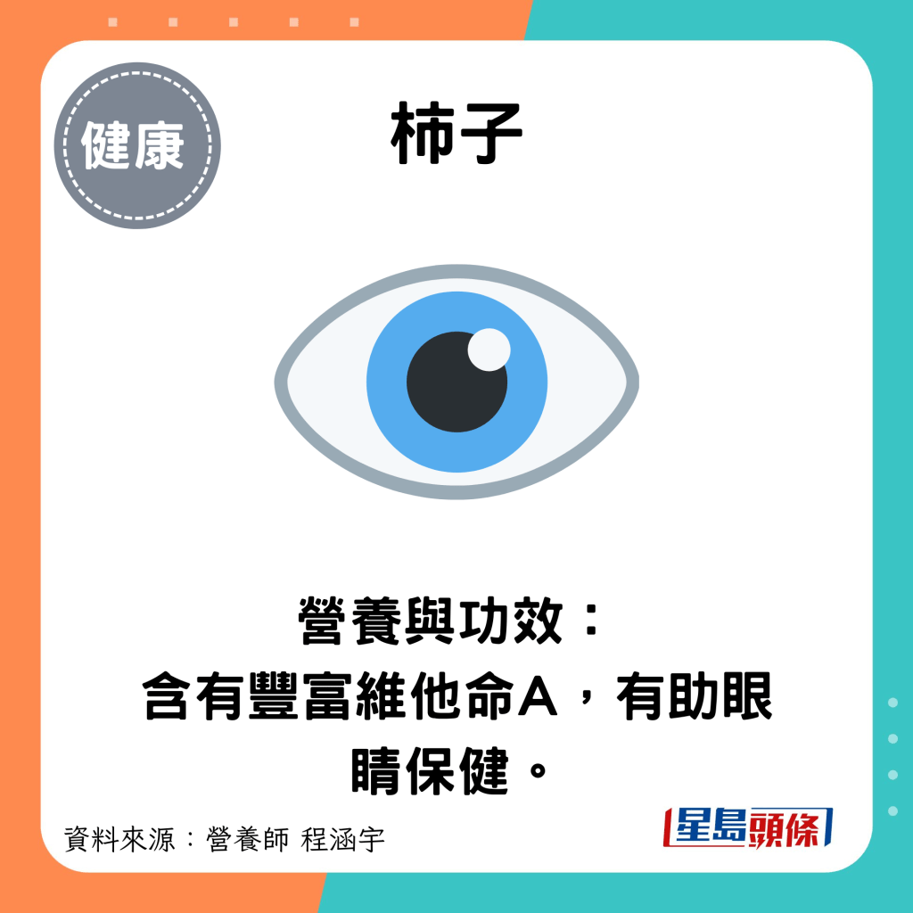 柿子：營養與功效： 含有豐富維他命A，有助眼睛保健。