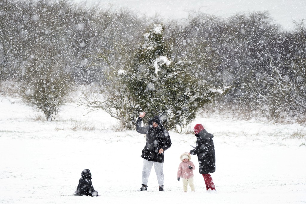 人们在贝德福德郡的 Dunstable Downs 的雪地里玩耍。AP
