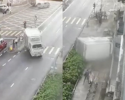 貨車甩尾險撞途人。影片截圖