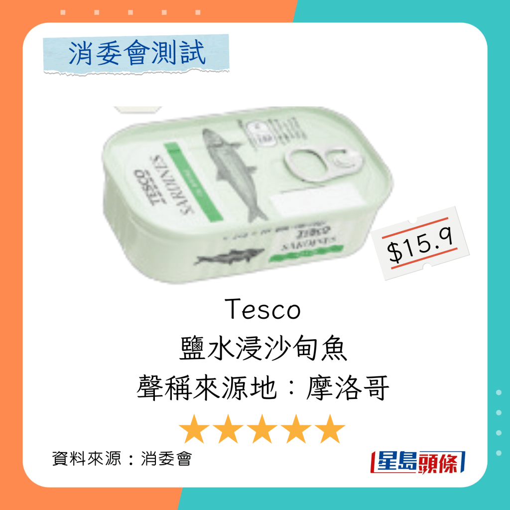 消委會罐頭魚安全推介名單｜罐頭沙甸魚：Tesco 鹽水浸沙甸魚