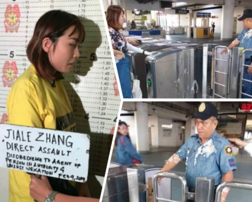 中國女留學生向菲律賓警員潑豆腐花。網上圖片