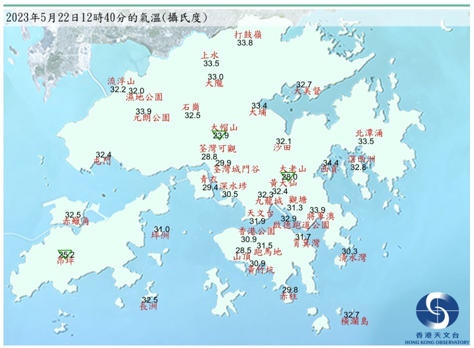 上水及西贡在中午12时40分分别录得超过34度高温。（天文台网站截图）