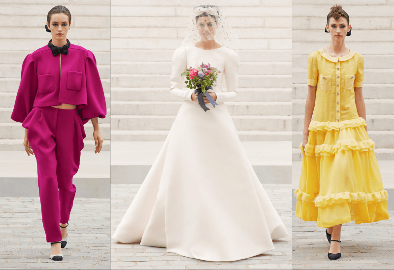 Margaret Qualley(中)以一身純白簡約婚紗,手執棒花壓軸出場。