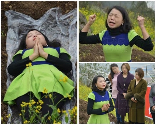 6名女性躺入墳墓,以前參加過的女性則站在一邊。網圖