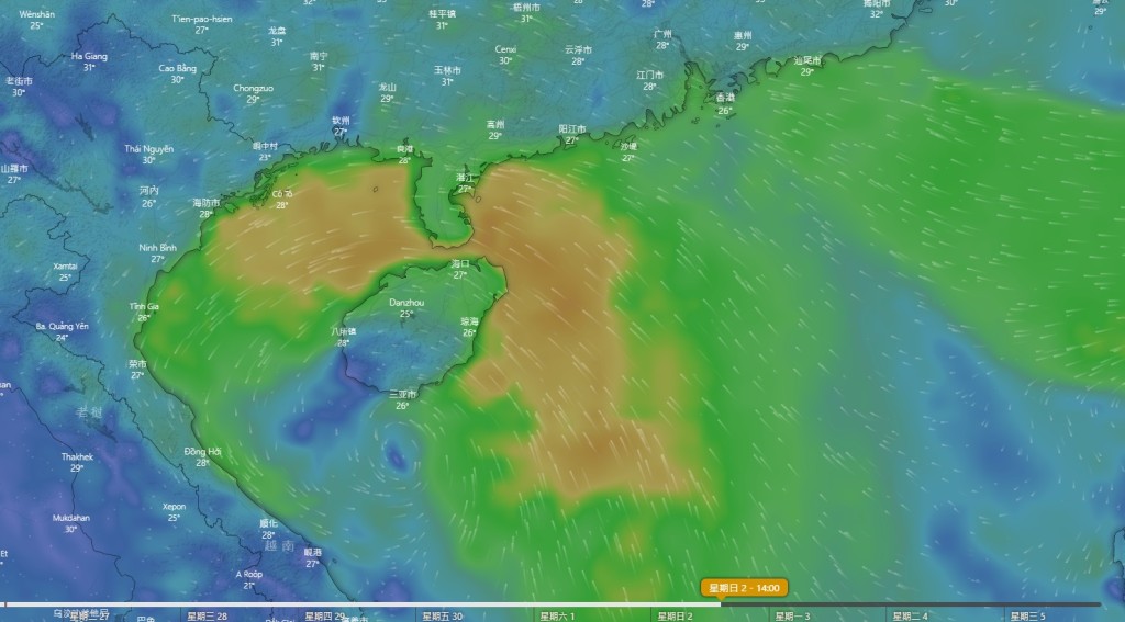 歐洲預報強度只是低壓區或熱帶低氣壓，並趨向越南至海南島。Windy截圖