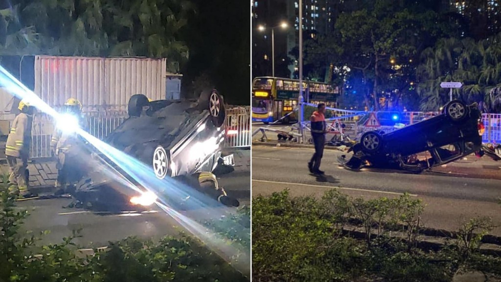 將軍澳私家車自炒四輪朝天 撼斷交通燈柱司機送院