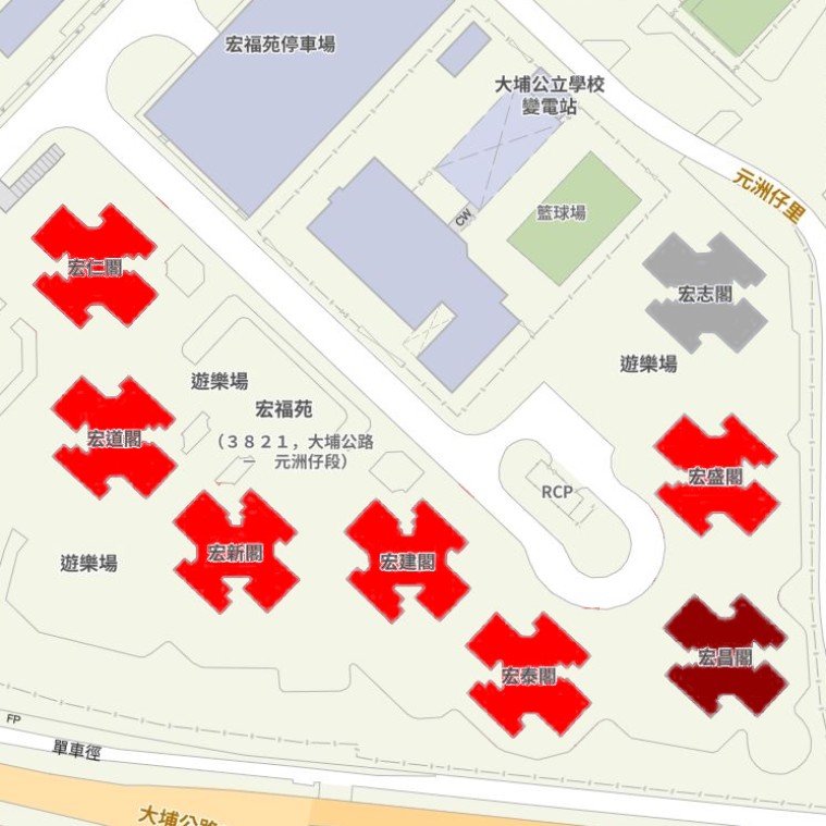 宏福苑8座大廈,宏昌閣(暗紅)最先起火,之後蔓延至其他大廈,僅宏志閣(灰)倖免。 宏福苑8座大廈,宏昌閣(暗紅)最先起火,之後蔓延至其他大廈,僅宏志閣(灰)倖免。